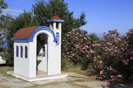 Roadside sign memory of the dead in the accident. Sithonia peninsula in northern Greece.の写真素材