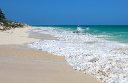 Two pelicans flying over the Atlantic ocean. Cayo Guillermo. Cuba.の写真素材