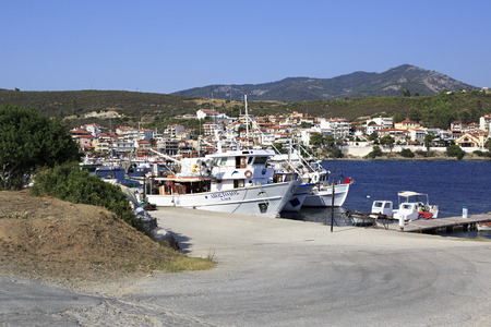 Neos Marmaras, Greece - July 08, 2014: Marina in the Neos Marmaras. Beautiful town on the Sithonia peninsula.のeditorial素材