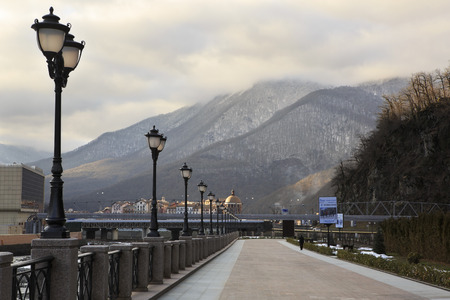 Sochi, Russia - February 10, 2015: Embankment with lanterns at the Rosa Khutor Alpine Resortのeditorial素材