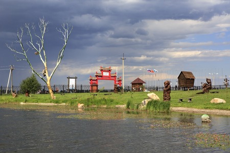 Novotyryshkino, Russia - July 29, 2015: Fabulous playground U Lukamorya. Tourist Complex Siberian Podvorye.のeditorial素材