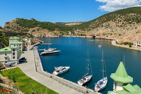 Sevastopol, Russia - June 09, 2016: Yachts and boats in the Balaclava Bay.のeditorial素材