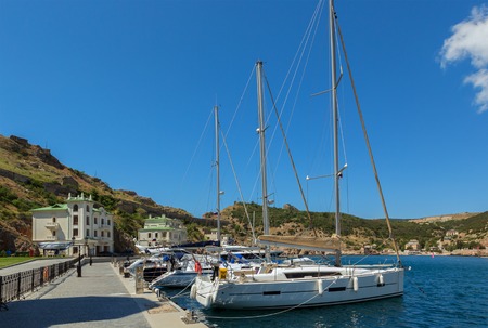 Sevastopol, Russia - June 09, 2016: Yachts and boats in the Balaclava Bay. Former submarine base.のeditorial素材