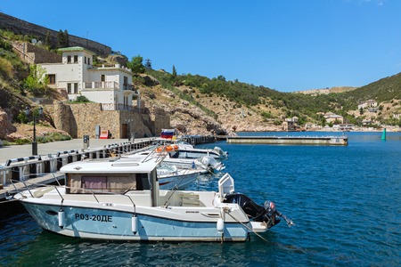 Sevastopol, Russia - June 09, 2016: Yachts and boats in the Balaclava Bay. Former submarine base.のeditorial素材