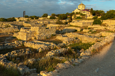 Ancient ruins in Chersonesus Taurica in the rays of setting sun. Sevastopol, Crimea. Russiaの写真素材