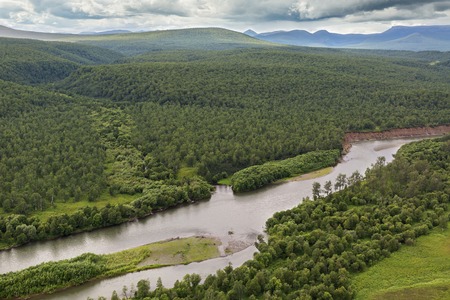 River Zhupanova. Kronotsky Nature Reserve on Kamchatka Peninsula. View from helicopter.
