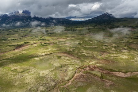 Uzon Caldera in Kronotsky Nature Reserve on Kamchatka Peninsula. View from helicopter.の写真素材