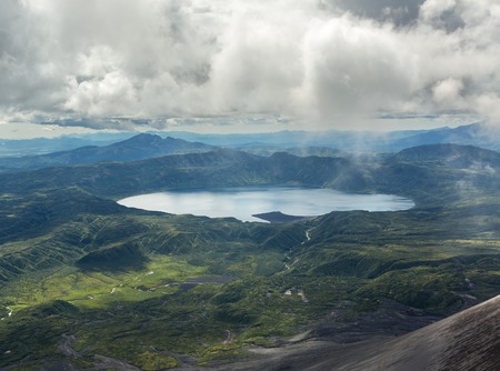 Crater Karymsky Lake. Kronotsky Nature Reserve on Kamchatka Peninsula. View from helicopter.の写真素材