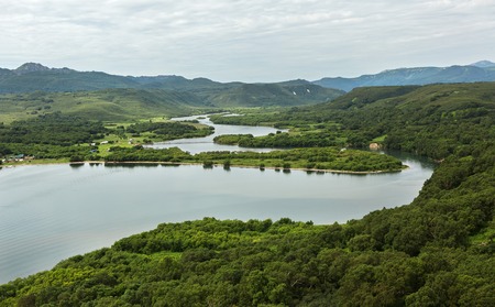 Kurile lake and the source of river Ozernaya. South Kamchatka Nature Park. View from the helicopter.