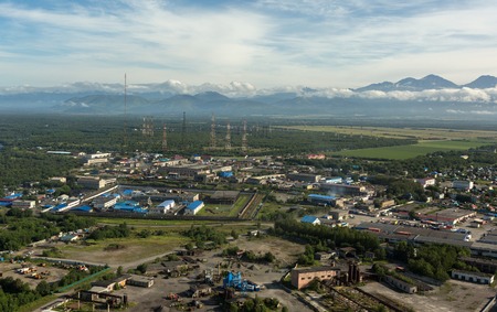 Yelizovo town on Kamchatka Peninsula. View from the helicopter.の写真素材