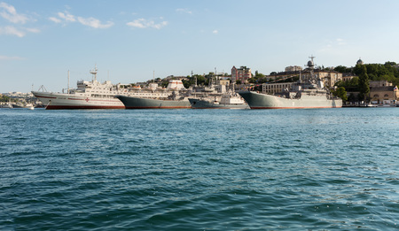 Sevastopol, Russia - June 09, 2016: Black Sea Fleet warships are on the quay of the Sevastopol Bay.のeditorial素材