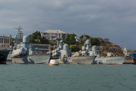 Sevastopol, Russia - June 09, 2016: Warships in Sevastopol naval base Black Sea Fleet at the Bay of Karantinnaya. Crimeaのeditorial素材