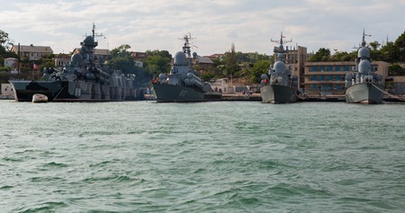 Sevastopol, Russia - June 09, 2016: Warships in Sevastopol naval base Black Sea Fleet at the Bay of Karantinnaya. Crimeaのeditorial素材