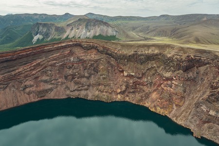 Lake in the Caldera volcano Ksudach. South Kamchatka Nature Park. View from the helicopter.の写真素材