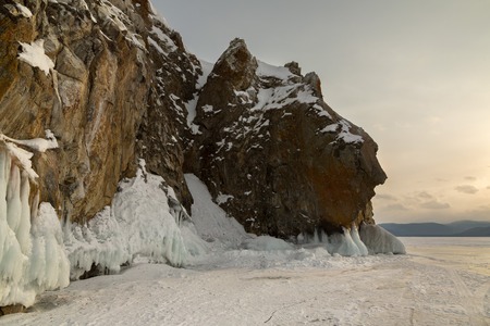 Beautiful icicles on rocks. Winter landscape in the Lake Baikal.の写真素材