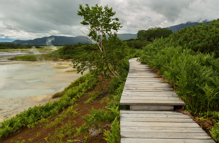 Wooden path in the Uzon Caldera. Kronotsky Nature Reserve on Kamchatka Peninsula.の写真素材