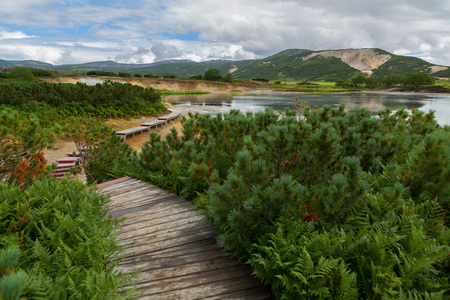 Wooden path in the Uzon Caldera. Kronotsky Nature Reserve on Kamchatka Peninsula.の写真素材