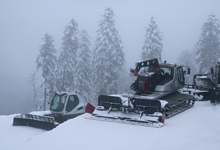 Sochi, Russia - January 21, 2017: Snow grooming on slope of ski resort Gorky Gorodのeditorial素材