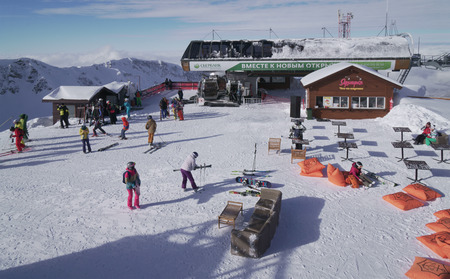 Sochi, Russia - January 21, 2017: On the top of ski resort Gorky Gorod 2200 meters above sea level