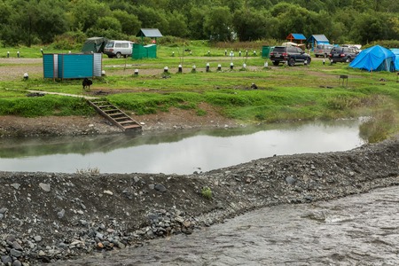 Kamchatka Peninsula, Russia - August 24, 2016: Malkinskie thermal mineral hot springs in Kamchatkaのeditorial素材