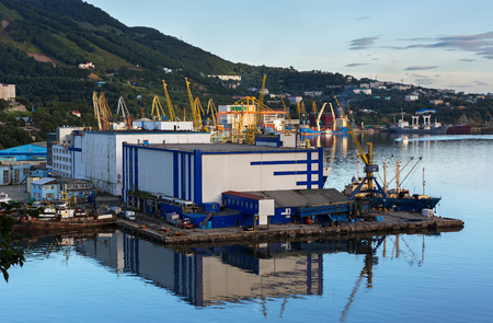 Petropavlovsk-Kamchatsky, Russia - August 14, 2016: Sea cargo port in the city of Petropavlovsk-Kamchatsky.のeditorial素材