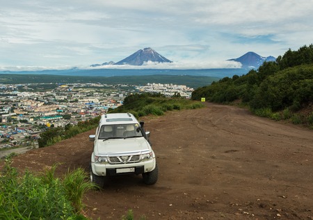 Petropavlovsk-Kamchatsky, Russia - August 17, 2016: Powerful SUV on top of the Mishennaya hillsのeditorial素材