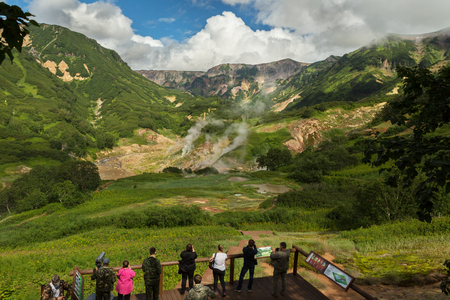 Kamchatka Peninsula, Russia - August 12, 2016: Tourists on an excursion in the Famous Valley of Geysers. Kronotsky Nature Reserve on Kamchatka Peninsula.のeditorial素材