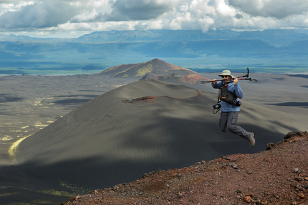 Kamchatka Peninsula, Russia - August 20, 2016: Tourist at the top of Hiking trail climb to the North Breakthrough Great Tolbachik Fissure Eruption 1975のeditorial素材