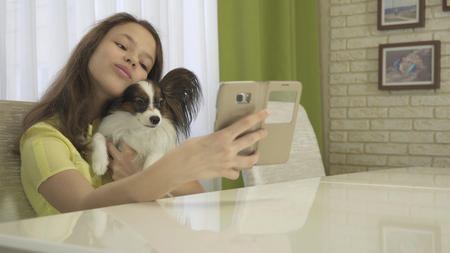 Happy teenage girl doing selfie with a her dogの写真素材