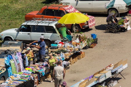 Belokurikha, Russia - July 25, 2015: Sunday market in the resort Belokurikha Altai Kraiのeditorial素材