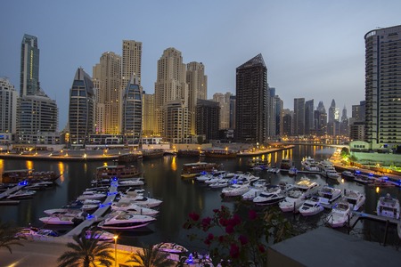 Dubai, UAE - April 02, 2018: Evening view at the fashionable district Dubai Marinaのeditorial素材