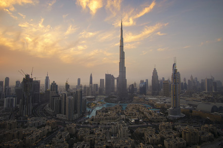 Dubai, UAE - April 07, 2018: Burj Khalifa and Dubai Fountain against the sunsetのeditorial素材