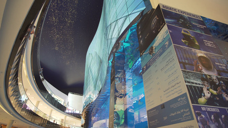 Dubai, UAE - April 09, 2018: Dubai Aquarium and Under Water Zoo in the shopping malls interior Dubai Mall. People enjoying the beautiful viewのeditorial素材