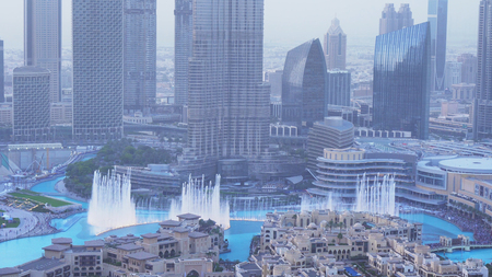 Dubai, UAE - April 07, 2018: Burj Khalifa Fountain evening view from a skyscraper heightのeditorial素材