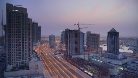 Dubai, UAE - April 07, 2018: Modern skyscraper in Downtown Dubai at dawnのeditorial素材