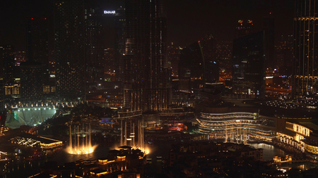 Dubai, UAE - April 07, 2018: Dubai Fountain near Burj Khalifa at nightのeditorial素材