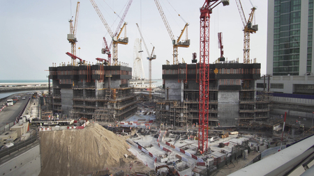 Dubai, UAE - April 01, 2018: Grandiose construction on the waterfront of Dubai Marinaのeditorial素材