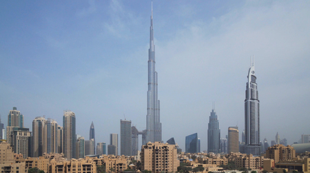 Dubai, UAE - April 08, 2018: Burj Khalifa and Downtown Dubai at dawnのeditorial素材
