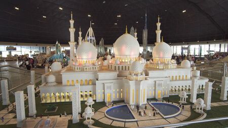 Dubai, UAE - April 01, 2018: Exhibition of mock-ups Sheikh Zayed Grand Mosque made of Lego pieces in Miniland Legoland at Dubai Parks and Resortsのeditorial素材