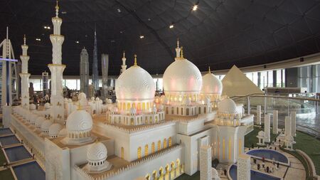 Dubai, UAE - April 01, 2018: Exhibition of mock-ups Sheikh Zayed Grand Mosque made of Lego pieces in Miniland Legoland at Dubai Parks and Resortsのeditorial素材