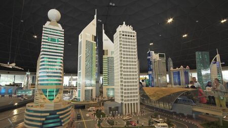 Dubai, UAE - April 01, 2018: Exhibition of mock-ups Dubai skyscrapers made of Lego pieces in Miniland Legoland at Dubai Parks and Resortsのeditorial素材