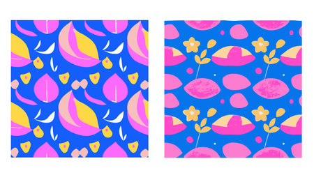 Set of seamless patterns with flowers, leaves and dots. vector illustrationのイラスト素材