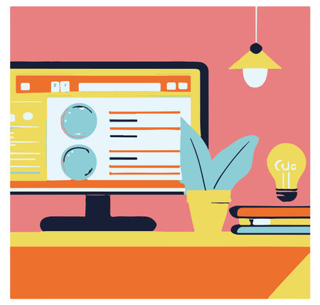Desktop with computer, lamp and books. Flat design vector illustration.の写真素材