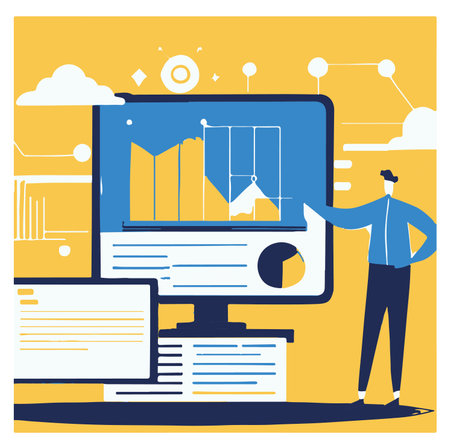 Flat design modern vector illustration concept of big data analysis, business analyticseting research and analytics. Businessman standing near computer monitor with infographics.のイラスト素材
