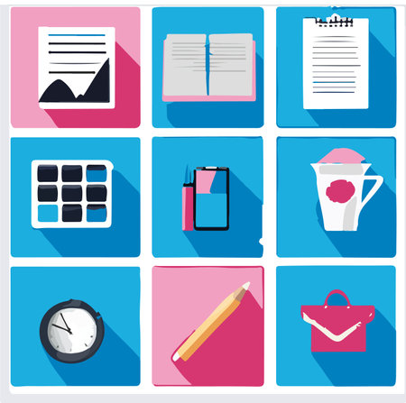 Office and school supplies icons set in flat style. vector illustration.のイラスト素材