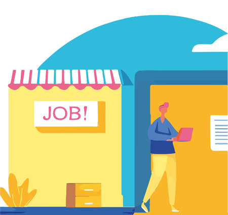 Vector illustration of a man with a laptop in front of a shop. searching jobのイラスト素材