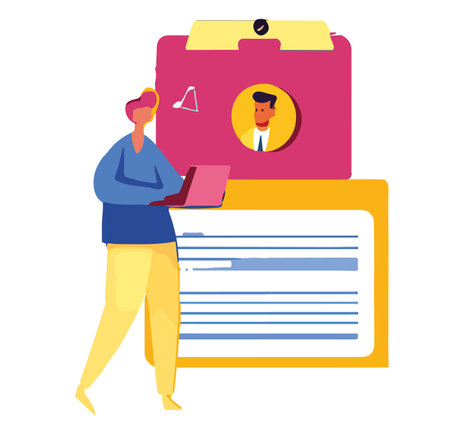 Woman with laptop and folder. Vector illustration in a flat style. hr manager profileのイラスト素材
