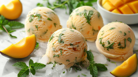 Four Scoops of Ice Cream With Mint and Mango Slicesの素材