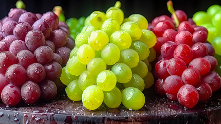 Bunch of green and red Grapes on Wooden Tableの素材