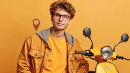 Man Sitting on Scooter in Front of Yellow Wallの素材